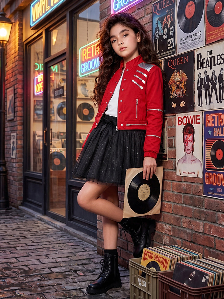 Girls Michael Jackson Beat It Costume Retro Pop King 3D Print Performance Outfit