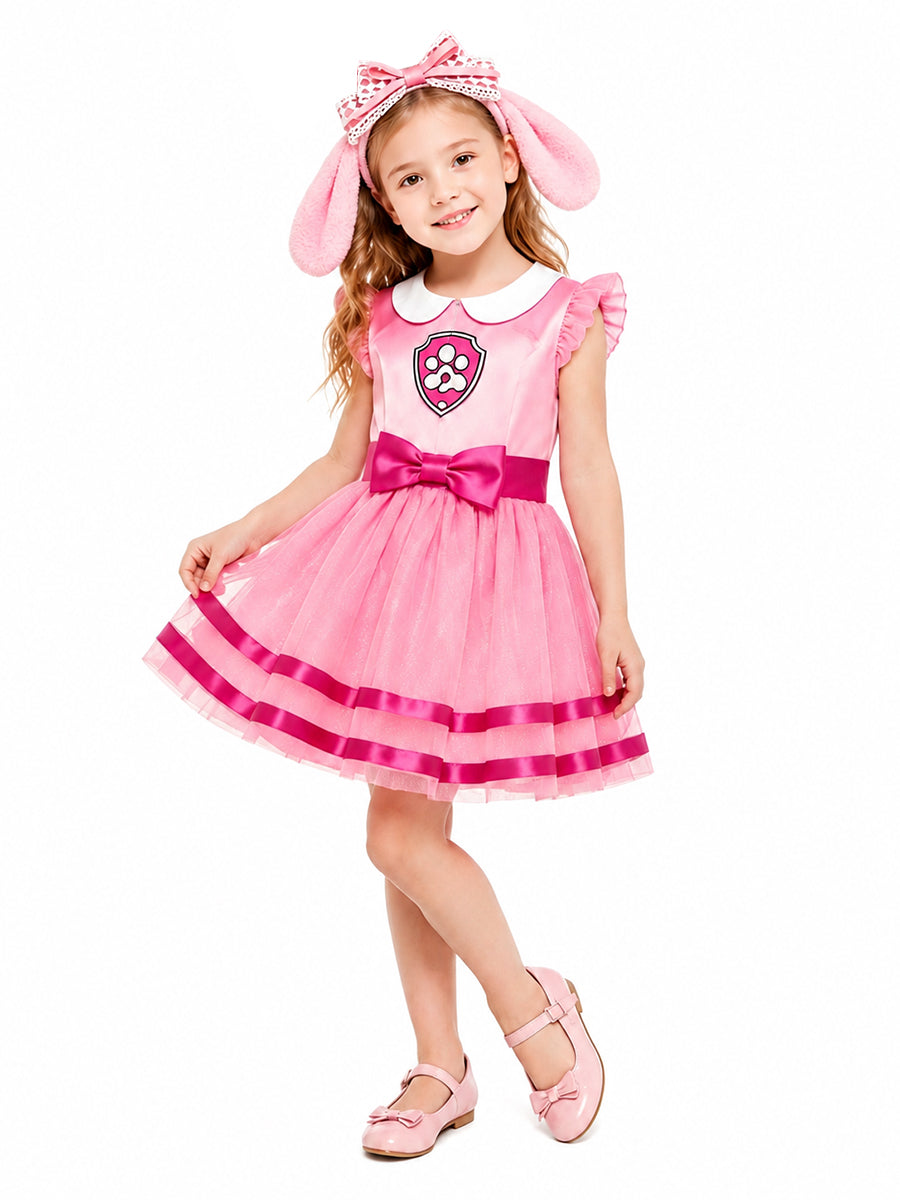 Girls Paw Patrol Skye Costume Pink Satin Puppy Dress with Plush Headpiece