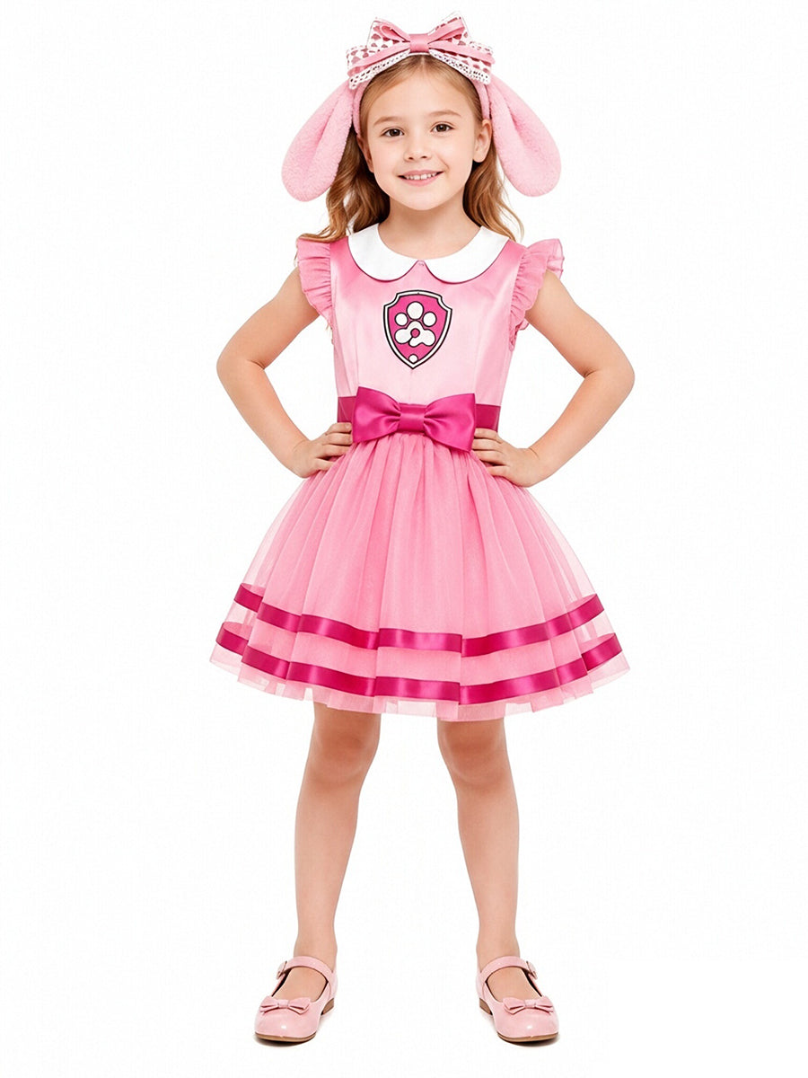 Girls Paw Patrol Skye Costume Pink Satin Puppy Dress with Plush Headpiece 