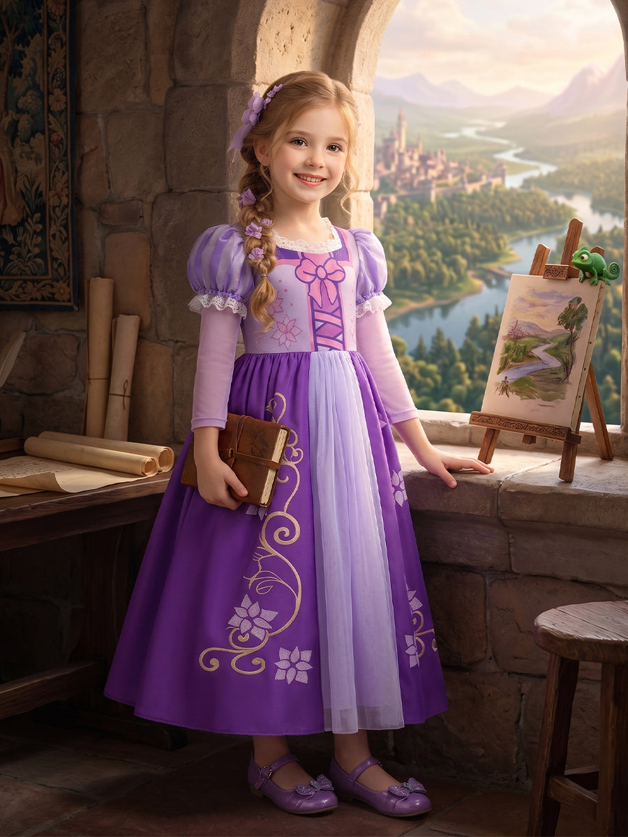 Girls Rapunzel Dress Toy Block Purple Long Long Hair Princess Cosplay Costume 