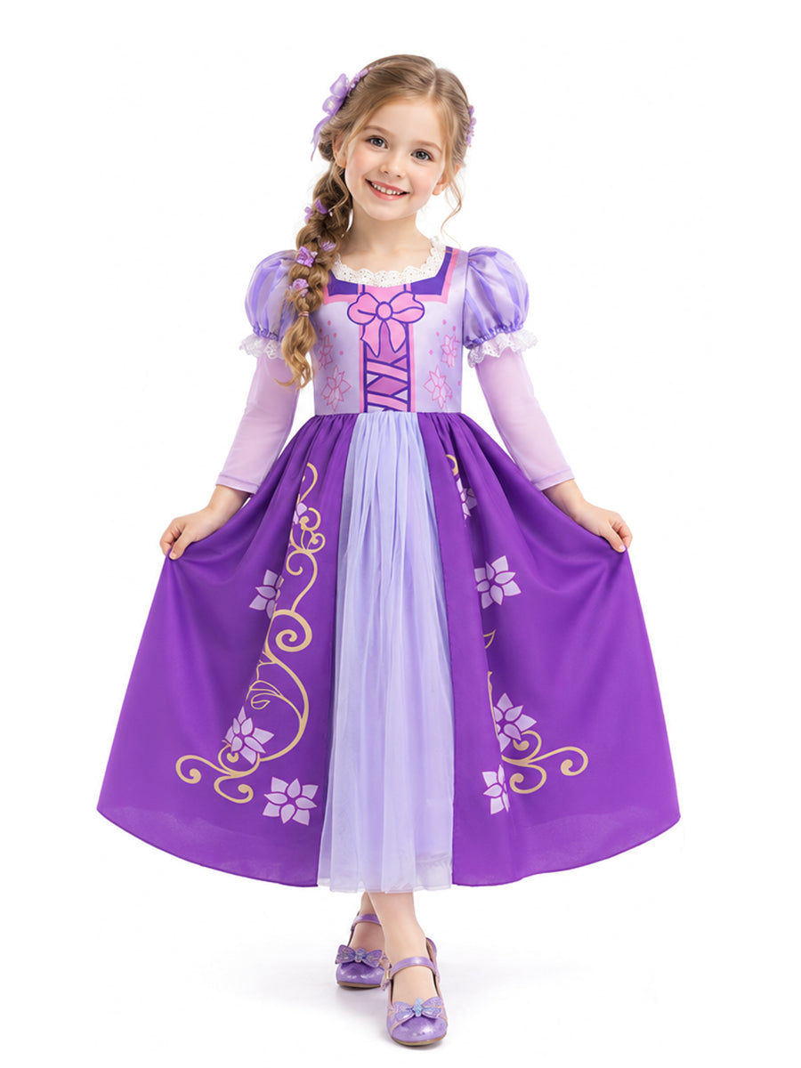 Girls Rapunzel Dress Toy Block Purple Long Long Hair Princess Cosplay Costume 