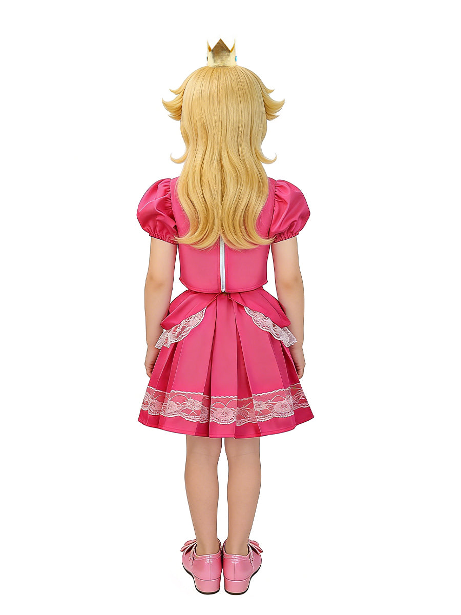 Girls Super Mario Peach Costume Pink Princess Peach Crop Top and Mini Skirt