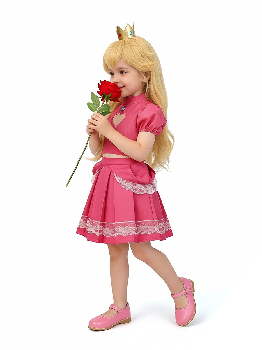 Girls Super Mario Peach Costume Pink Princess Peach Crop Top and Mini Skirt