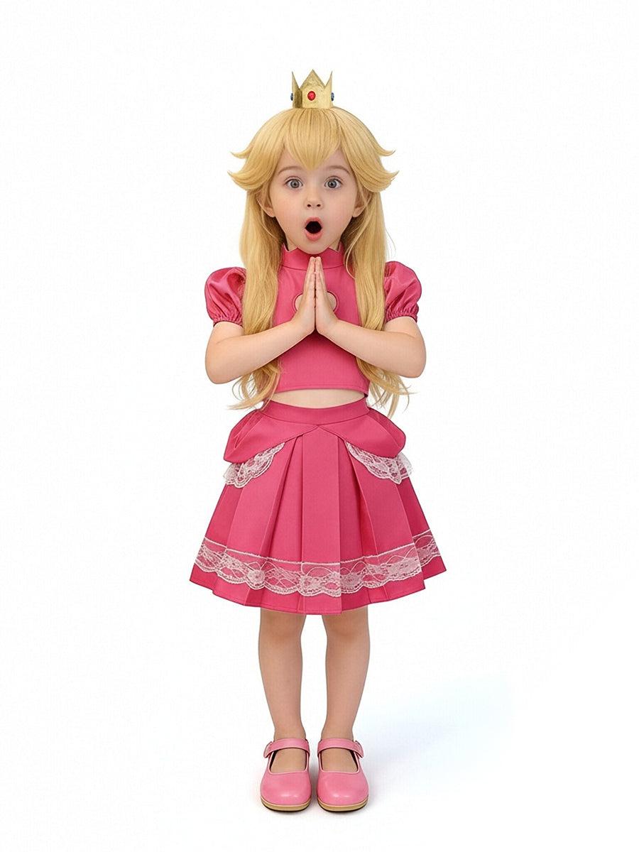 Girls Super Mario Peach Costume Pink Princess Peach Crop Top and Mini Skirt