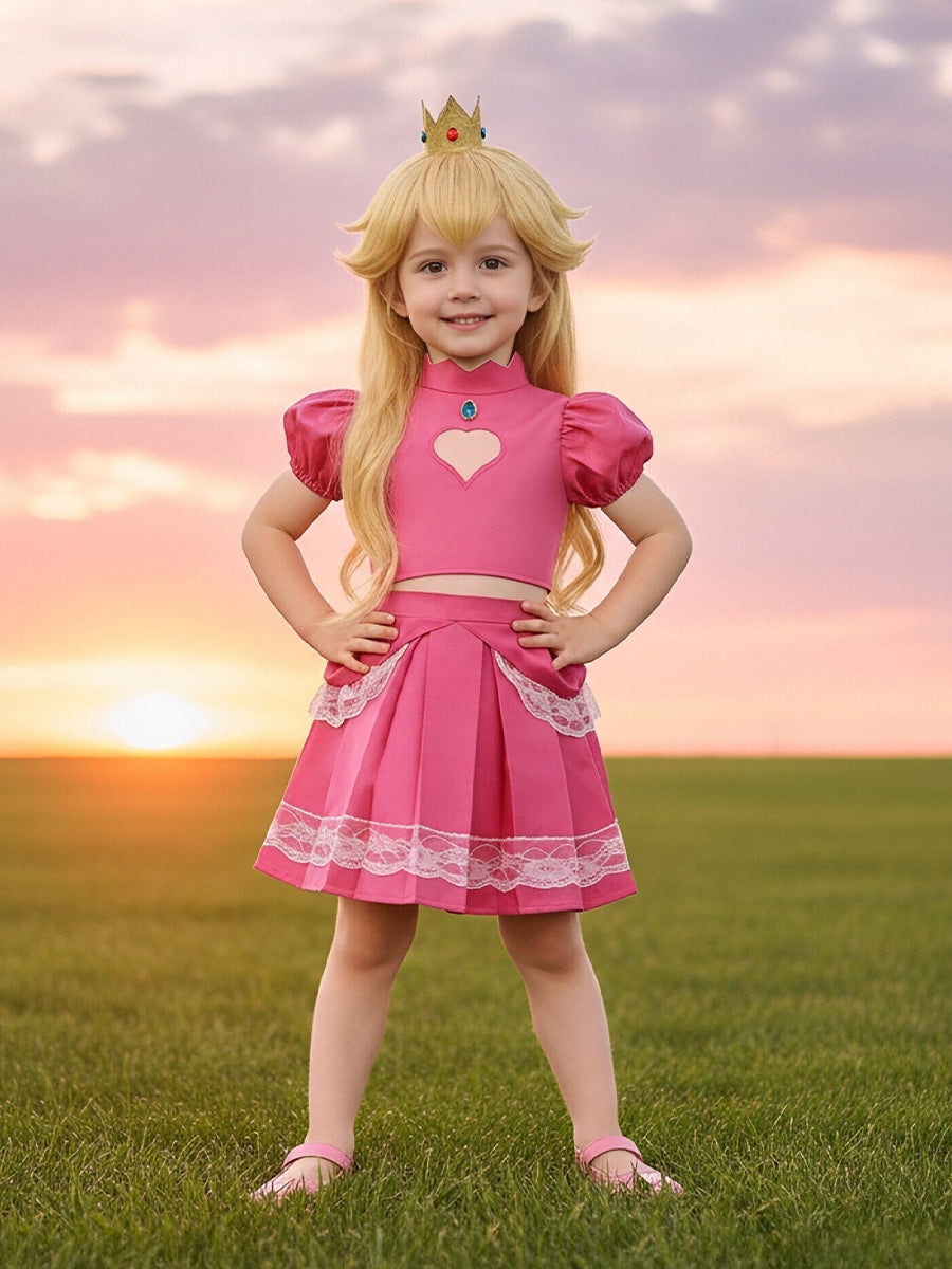Girls Super Mario Peach Costume Pink Princess Peach Crop Top and Mini Skirt