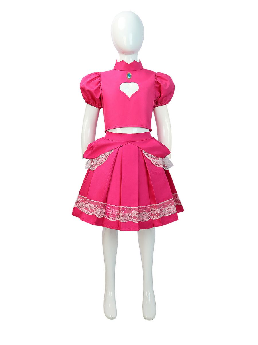 Girls Super Mario Peach Costume Pink Princess Peach Crop Top and Mini Skirt