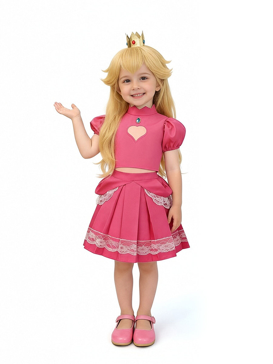 Girls Super Mario Peach Costume Pink Princess Peach Crop Top and Mini Skirt