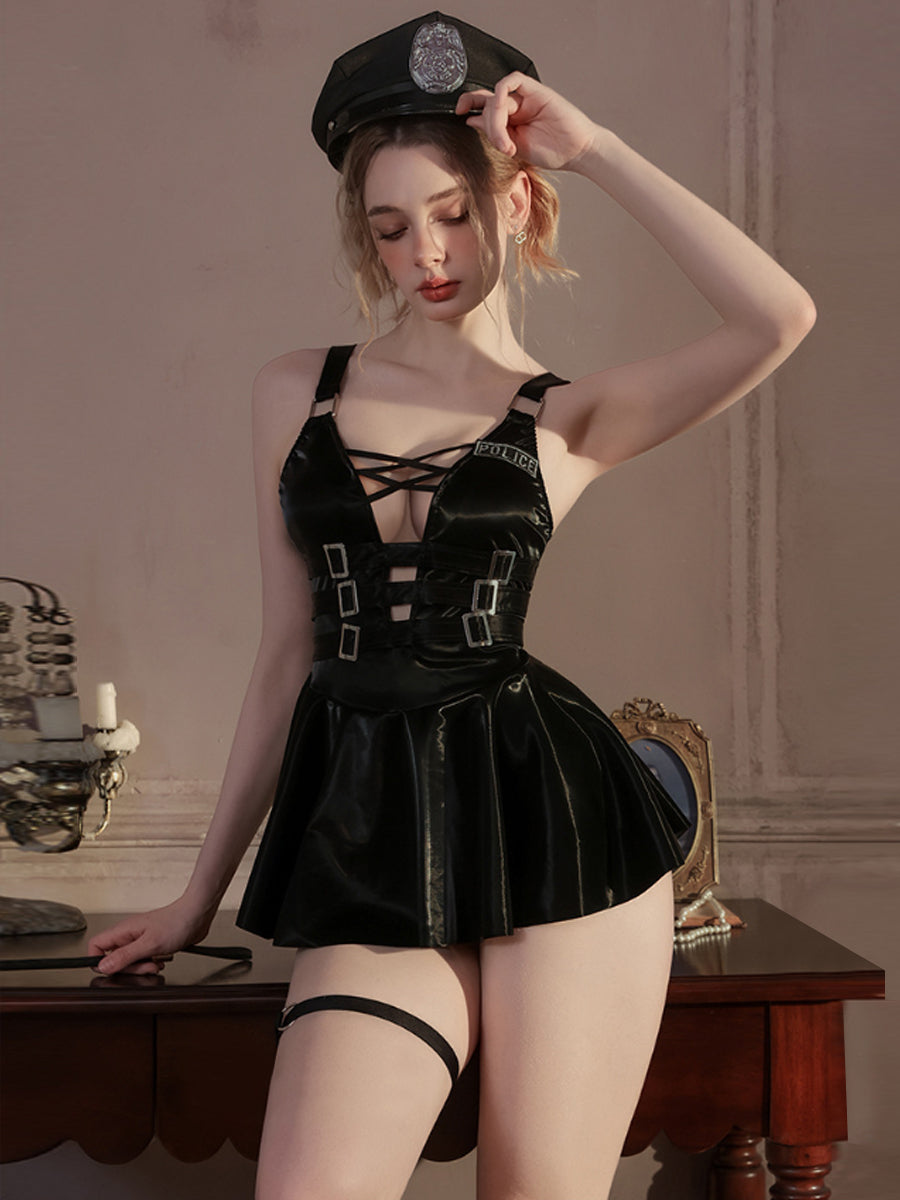 Sexy Police Cosplay Lingerie Set Glossy Black Buckle Babydoll Dress and Hat