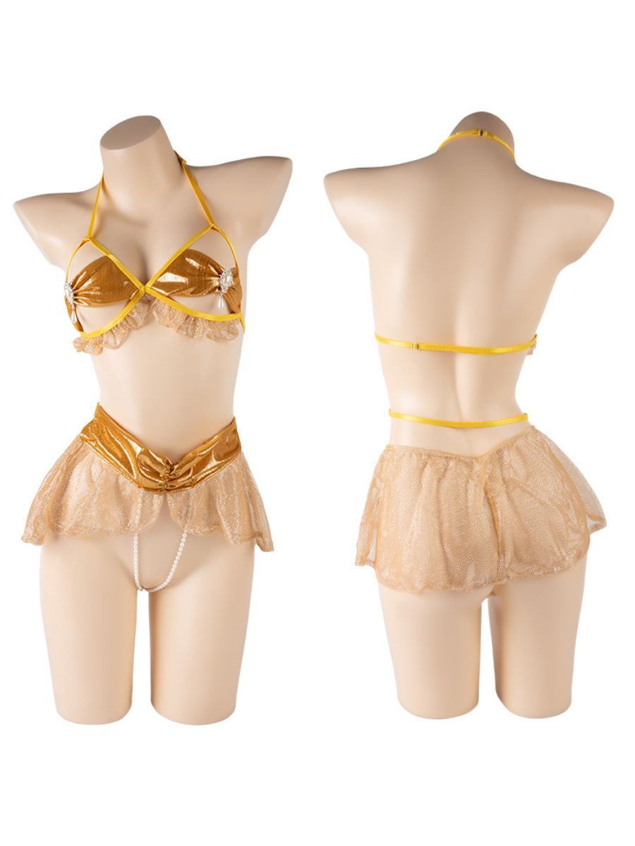 Gold Metallic Goddess Cosplay Lingerie Set Shimmering Halter Bra and Ruffled Mesh Mini Skirt