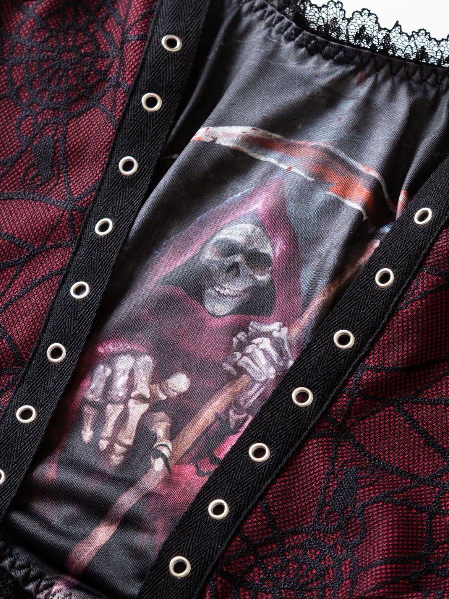 Sexy Goth Grim Reaper Cami Top Red and Black Spiderweb Lace Corset Style Crop Top