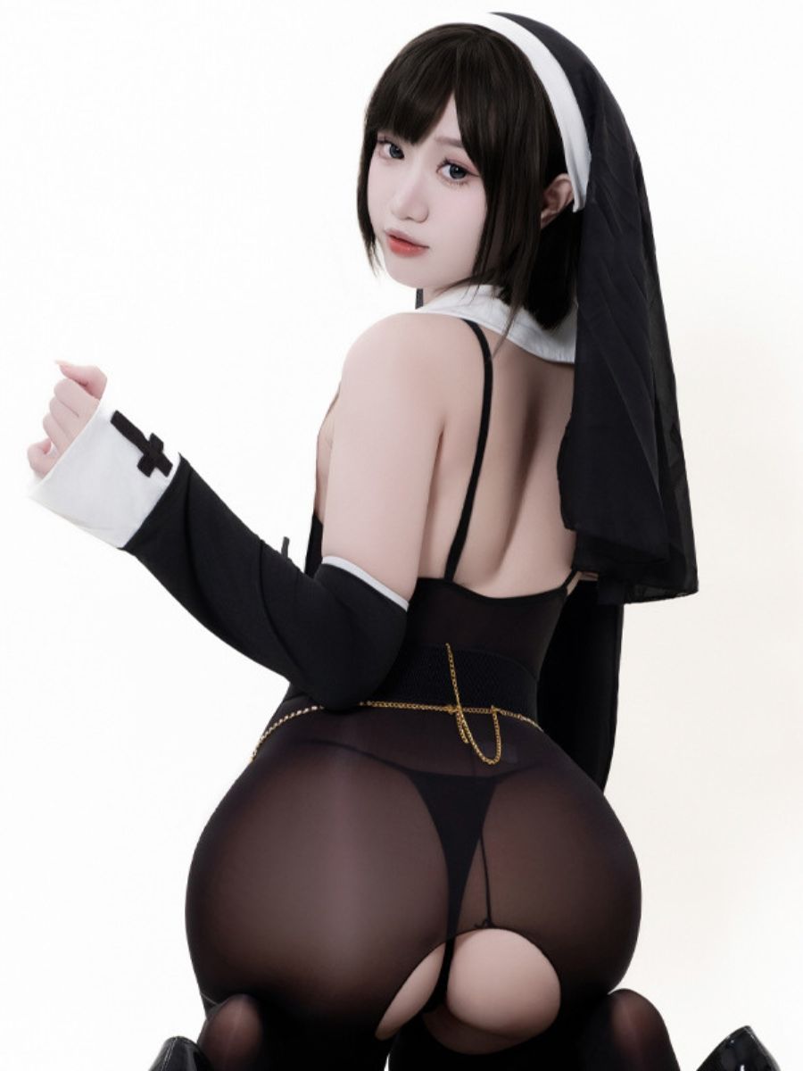 Sexy Nun Cosplay Costume Nun Sister Sheer Bodystocking with Veil and Accessories