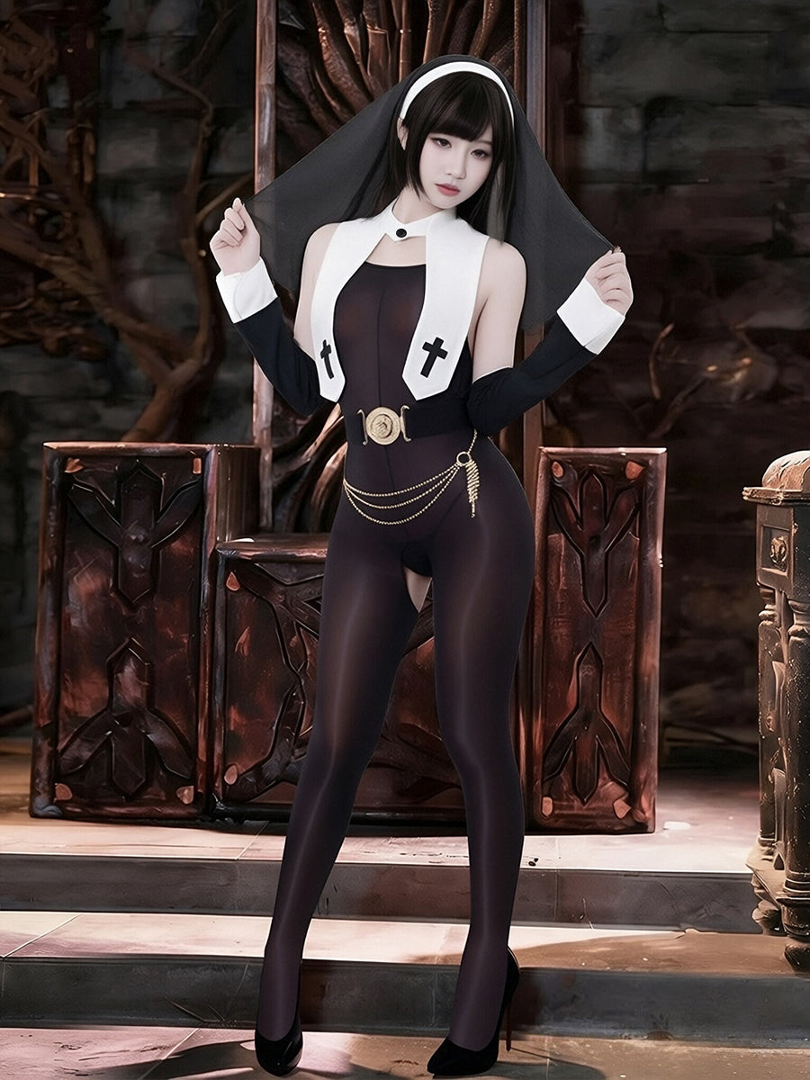 Sexy Nun Cosplay Costume Nun Sister Sheer Bodystocking with Veil and Accessories