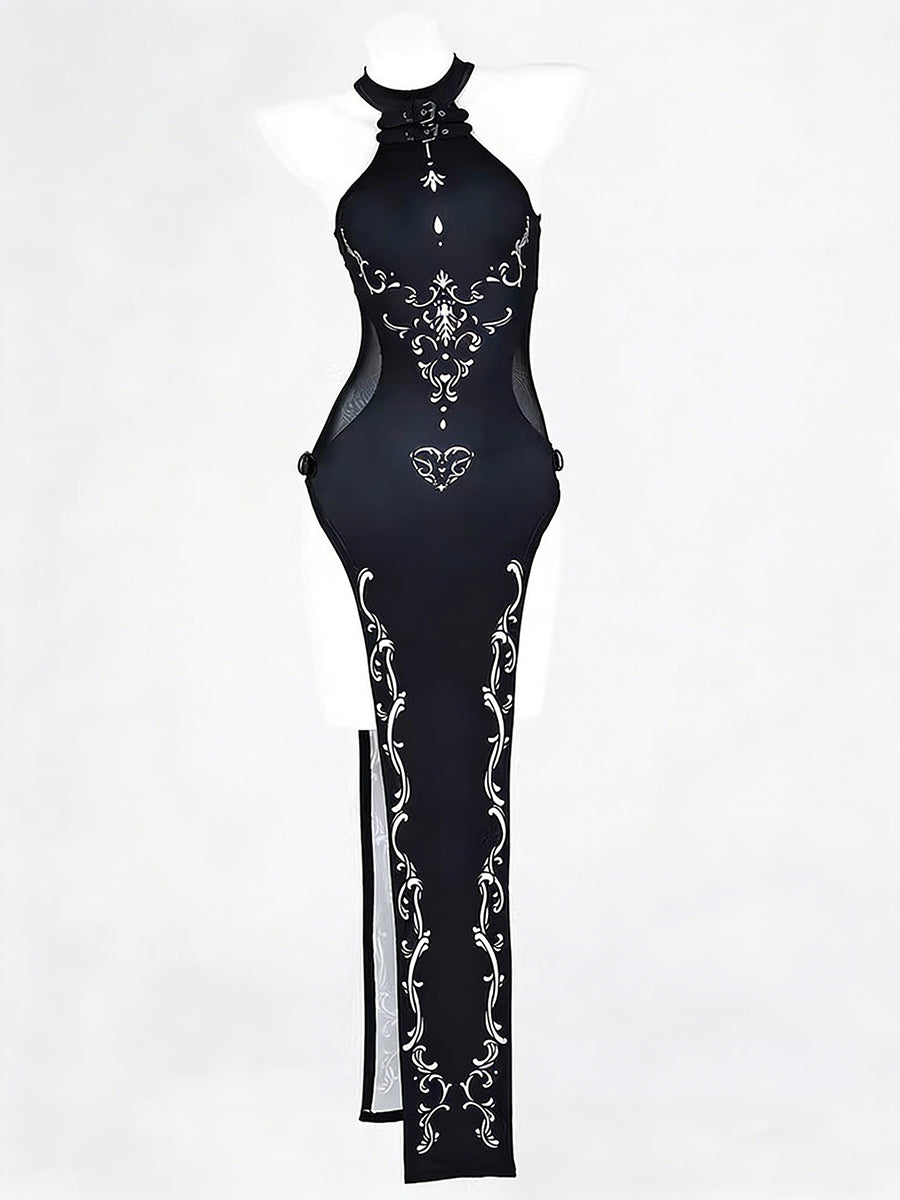 Gothic High Slit Cheongsam Chinese Inspired Black Floral Bodycon Dress