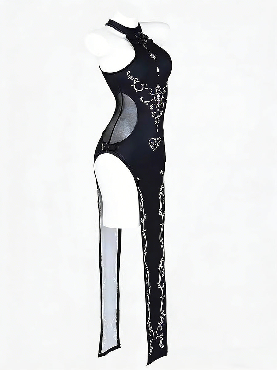 Gothic High Slit Cheongsam Chinese Inspired Black Floral Bodycon Dress