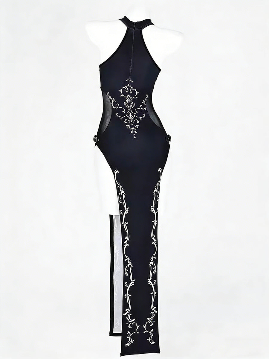 Gothic High Slit Cheongsam Chinese Inspired Black Floral Bodycon Dress