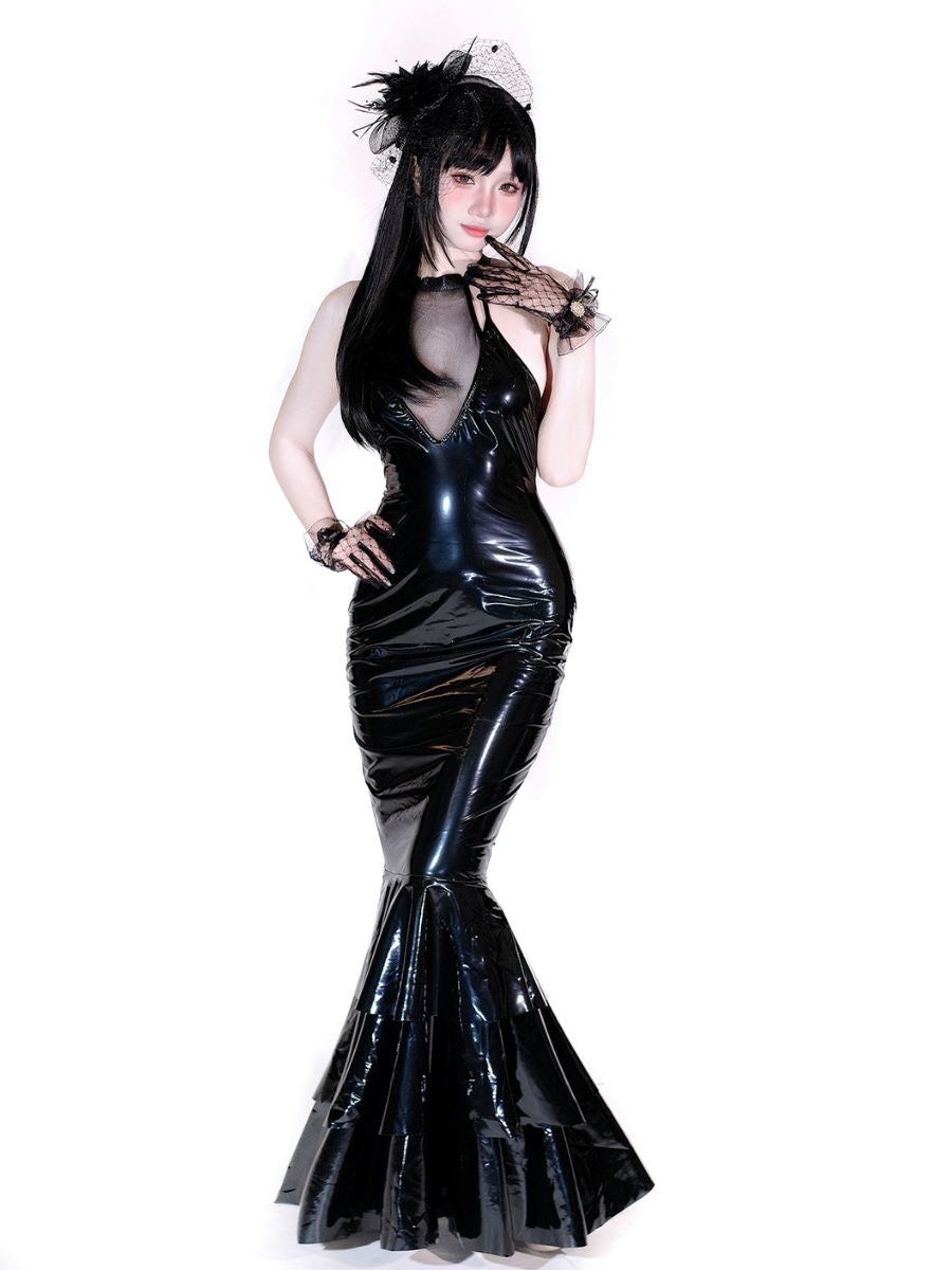 Gothic Mermaid Maxi Dress Black Faux Leather Backless Lace up Cosplay Lingerie Set