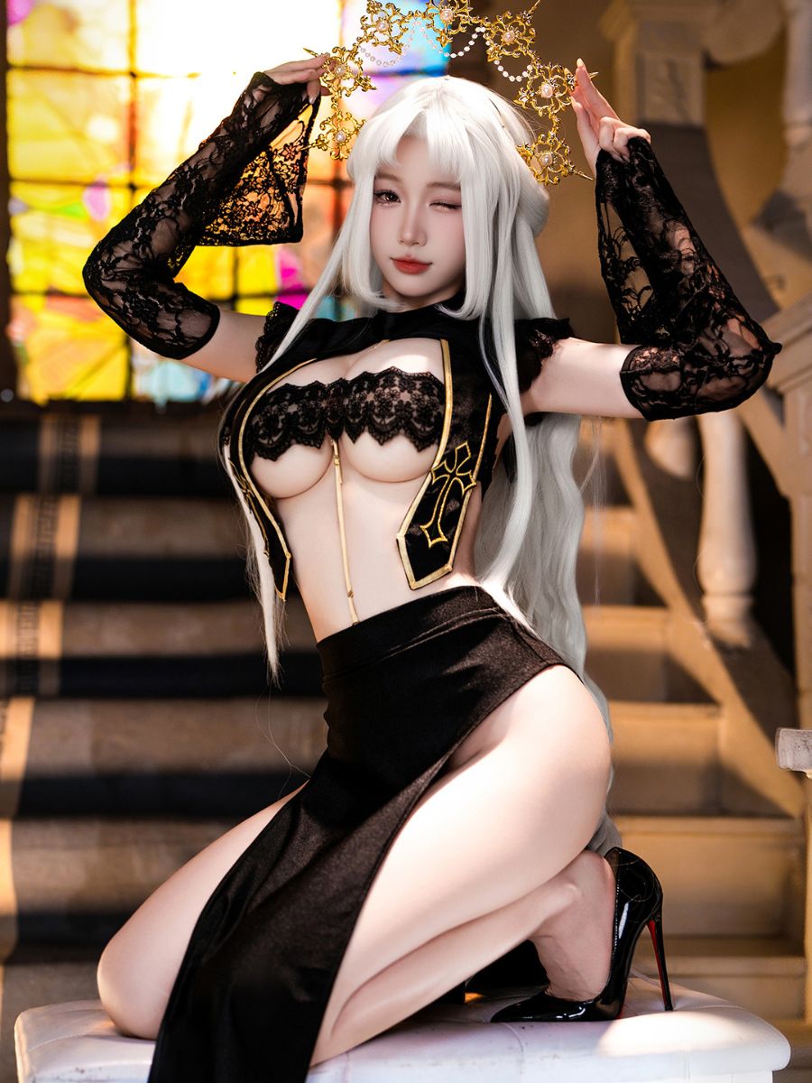 Gothic Nun Cosplay Lingerie Set Open Cup Black High Slit Nun Costume