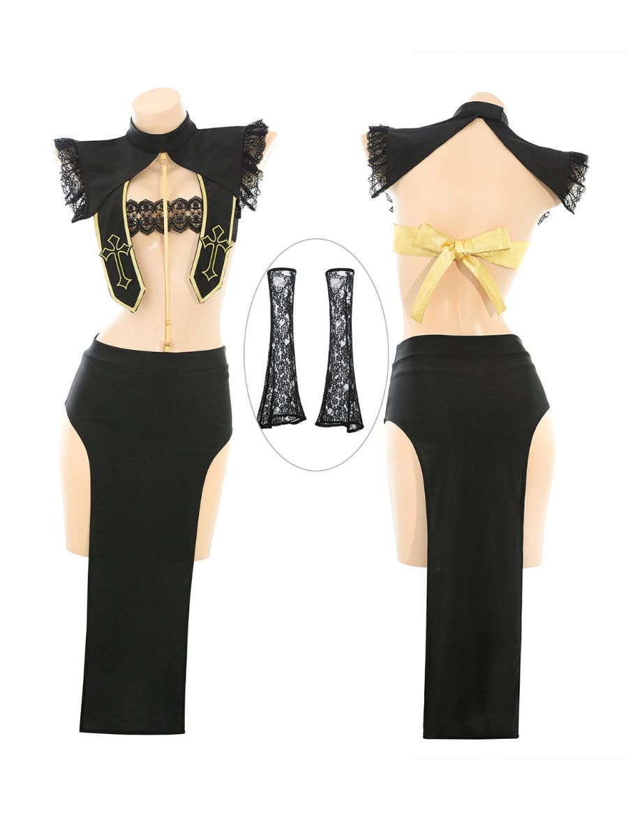 Gothic Nun Cosplay Lingerie Set Open Cup Black High Slit Nun Costume