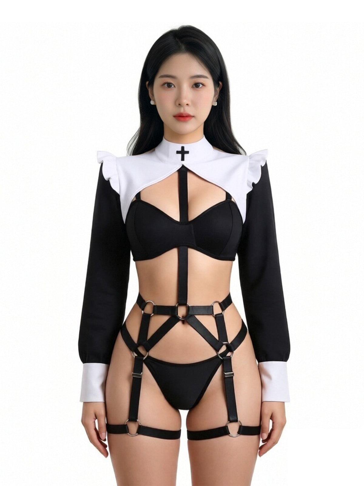 Gothic Nun Costume Set Black Habit Nun Harness Cosplay Outfit