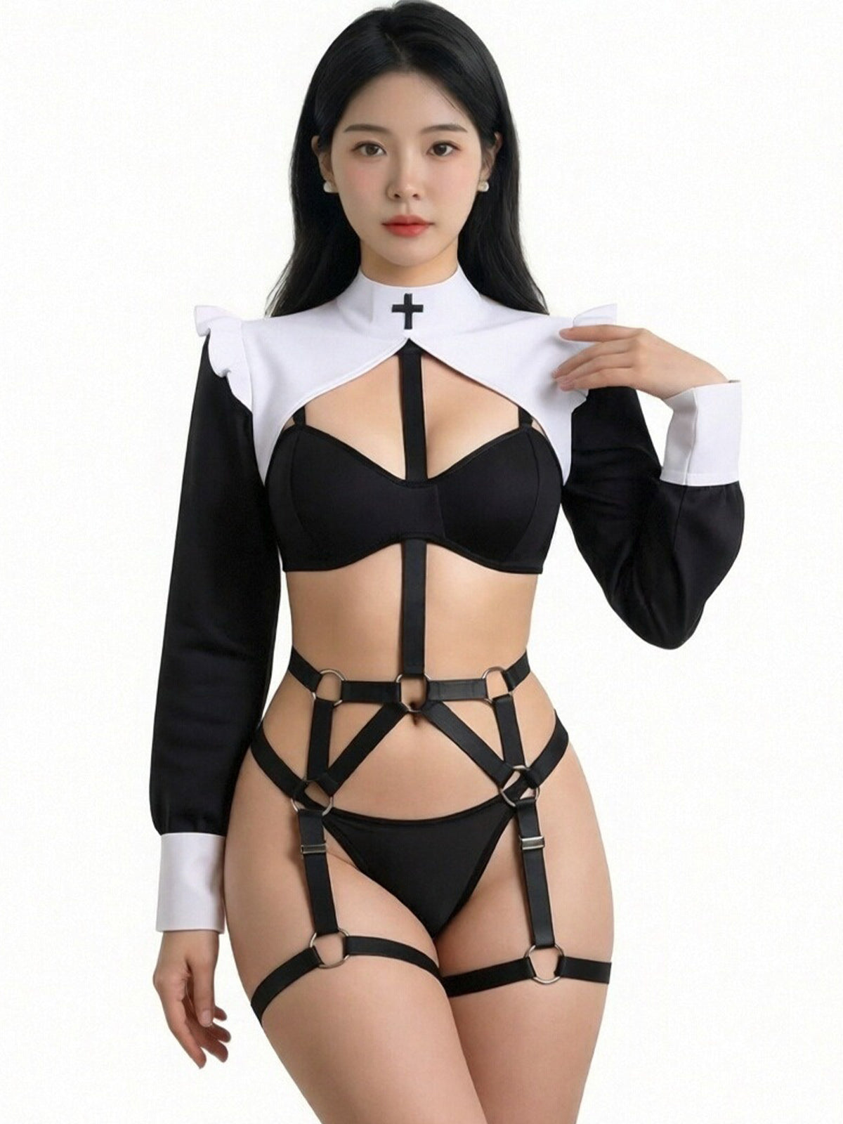 Gothic Nun Costume Set Black Habit Nun Harness Cosplay Outfit