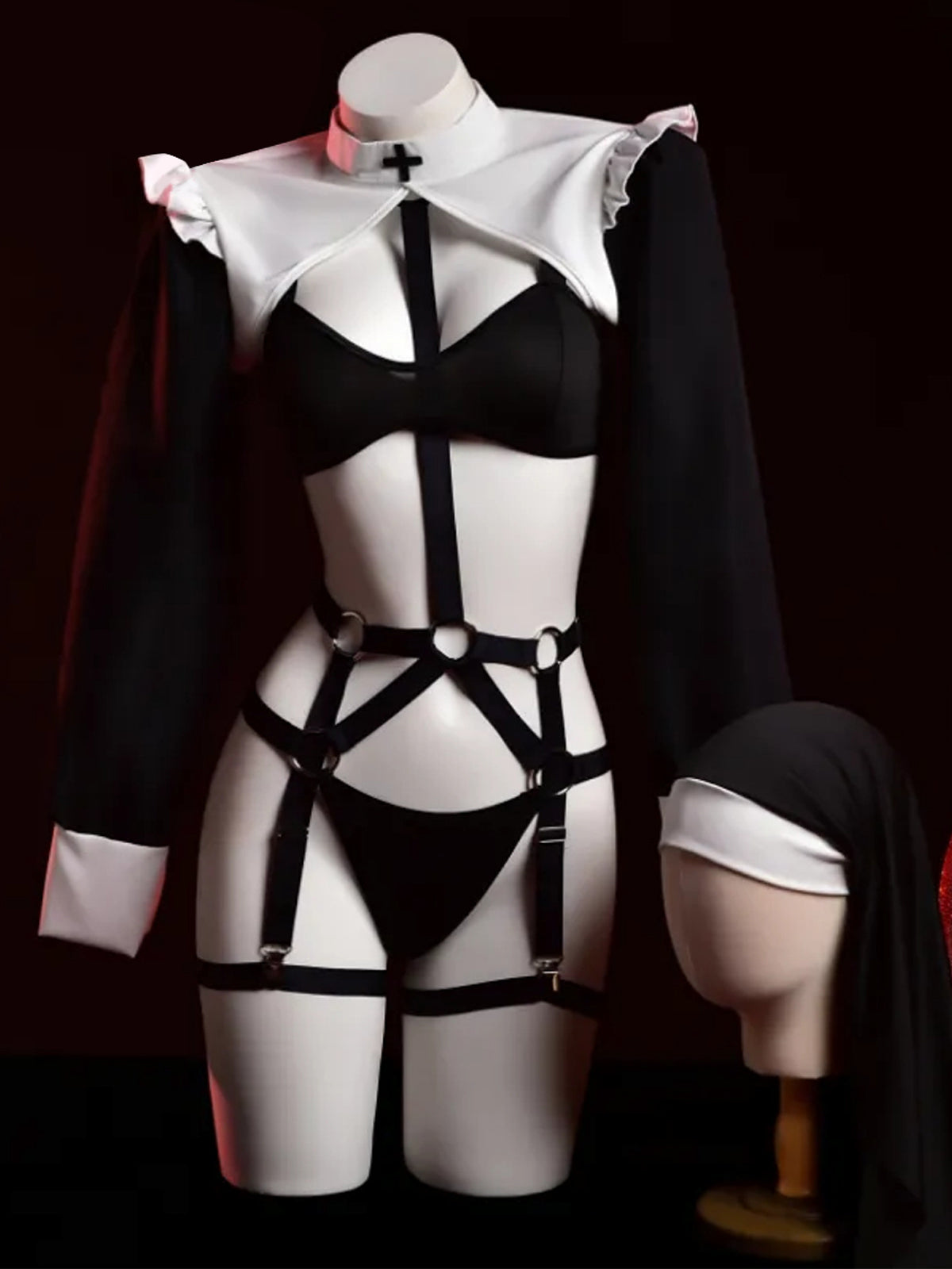 Gothic Nun Costume Set Black Habit Nun Harness Cosplay Outfit