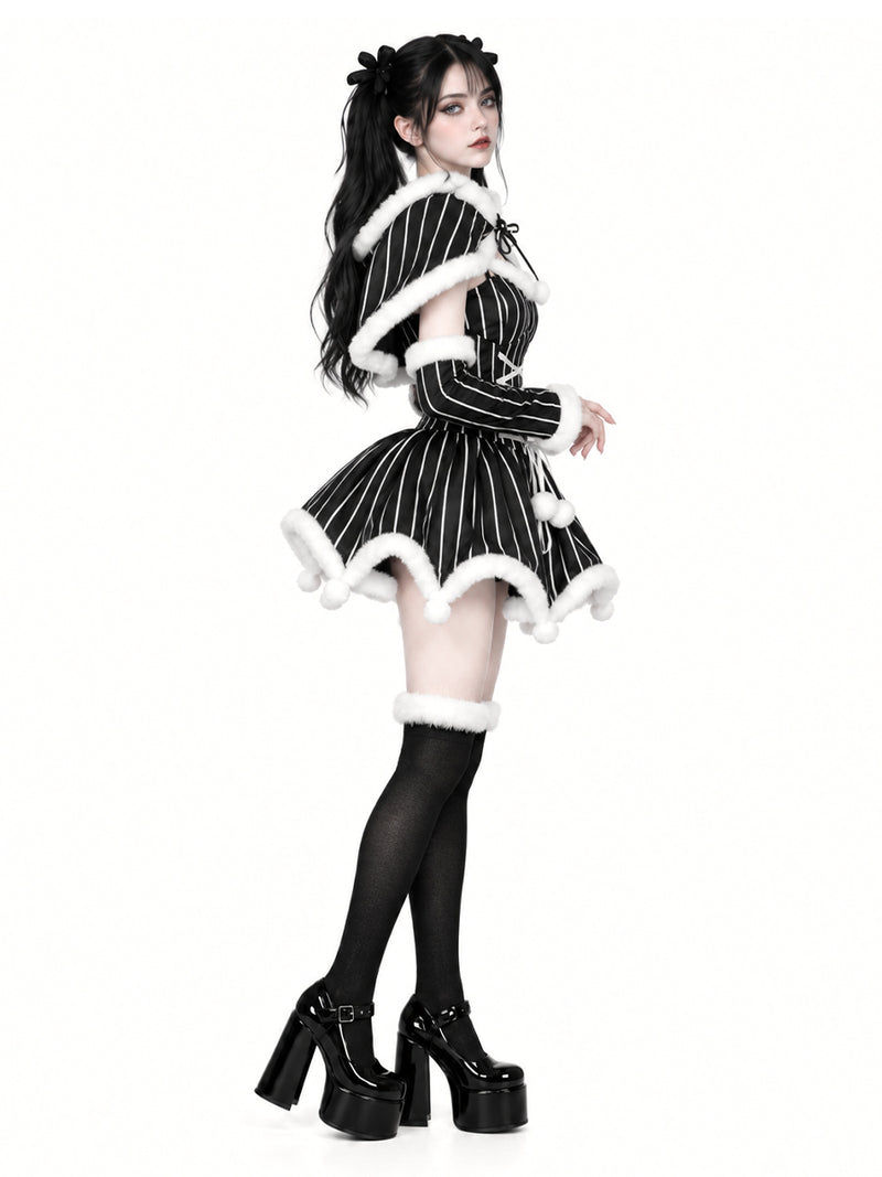 Gothic Christmas Pinstripe Cosplay Dress Set Jack Skellington Costume for Women