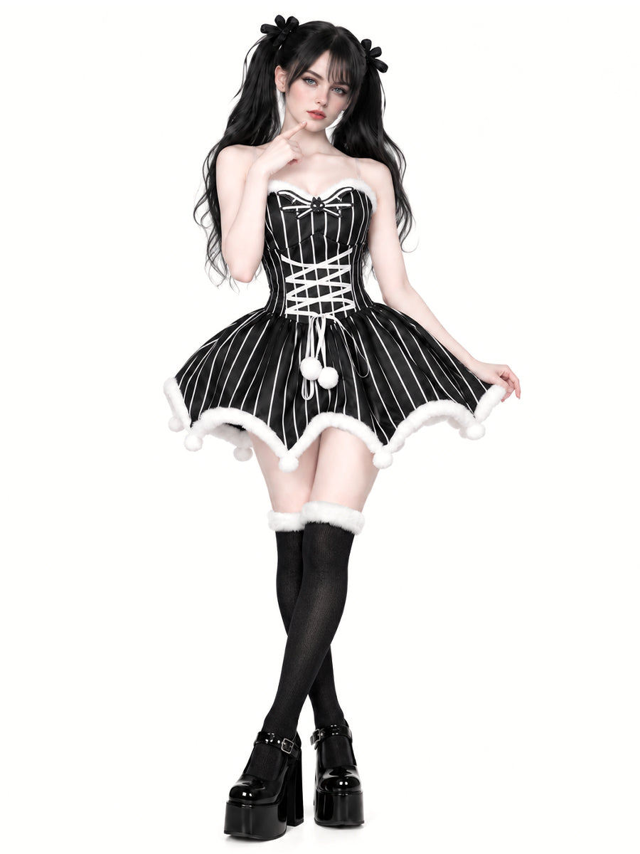 Gothic Christmas Pinstripe Cosplay Dress Set Jack Skellington Costume for Women