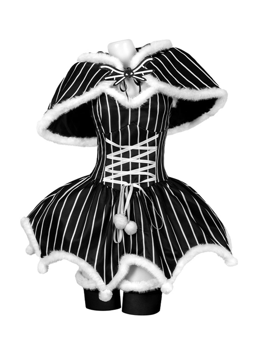 Gothic Christmas Pinstripe Cosplay Dress Set Jack Skellington Costume for Women