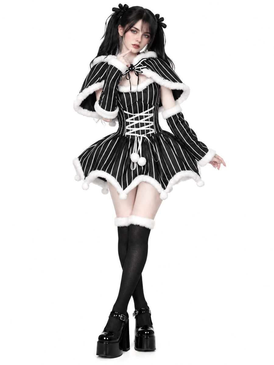 Gothic Christmas Pinstripe Cosplay Dress Set Jack Skellington Costume for Women