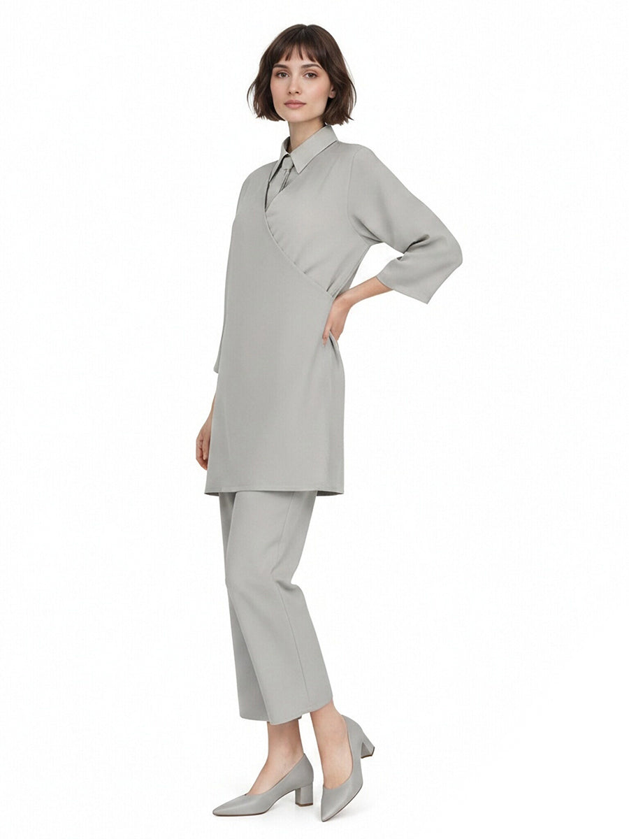 Klara and the Sun Costume Gray Robot Girl V-Neck Tunic Top with Straight Leg Pants and Skirt