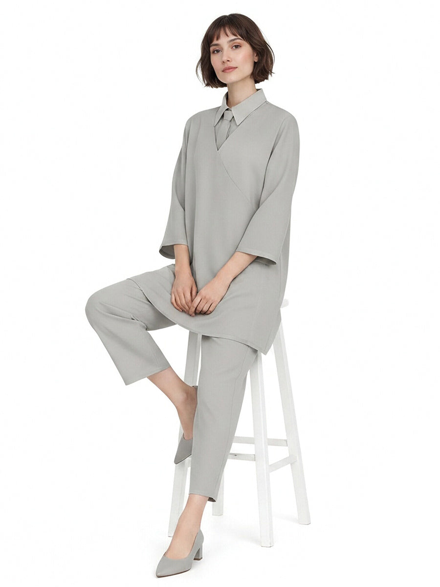 Klara and the Sun Costume Gray Robot Girl V-Neck Tunic Top with Straight Leg Pants and Skirt