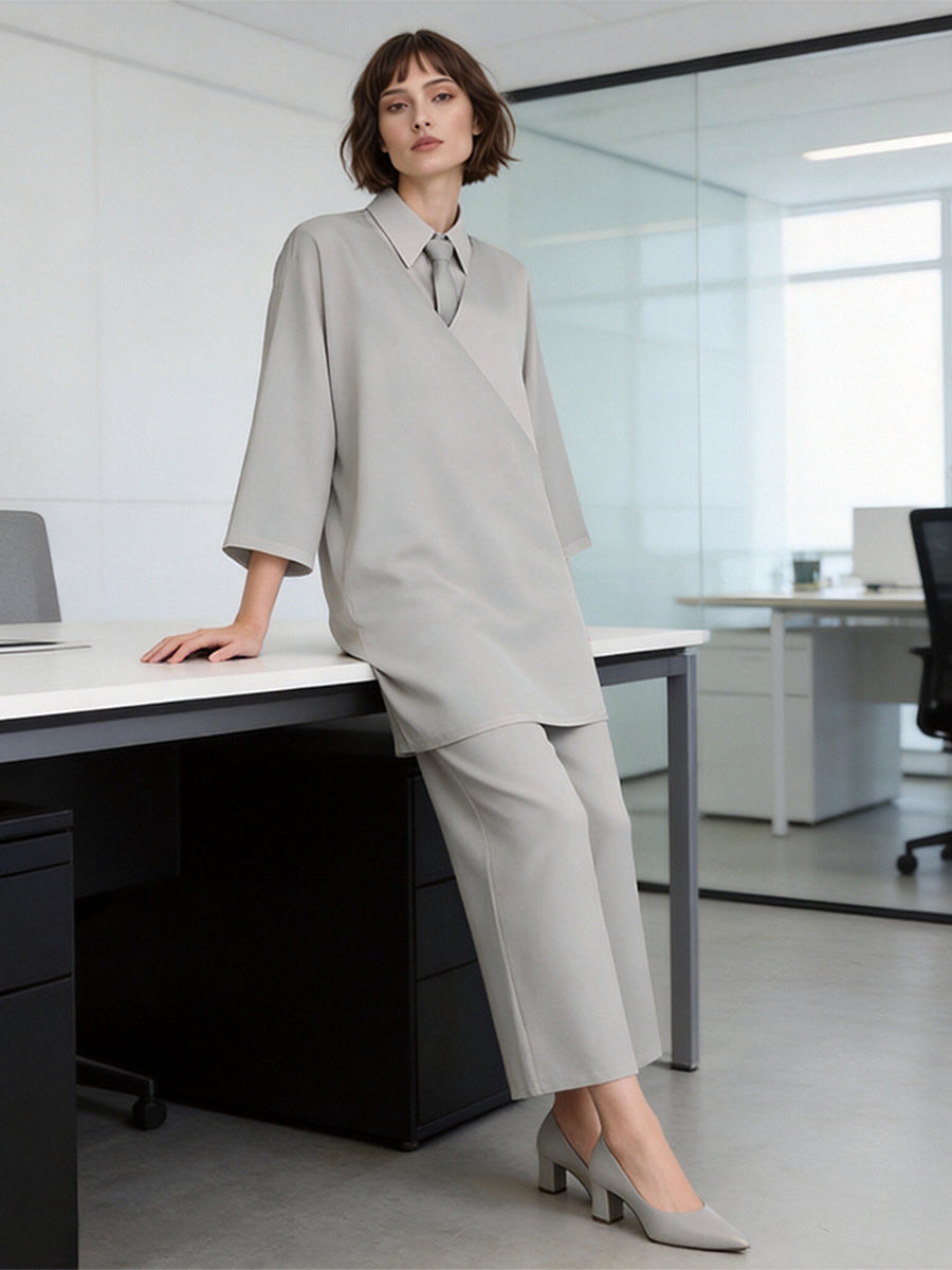 Klara and the Sun Costume Gray Robot Girl V-Neck Tunic Top with Straight Leg Pants and Skirt