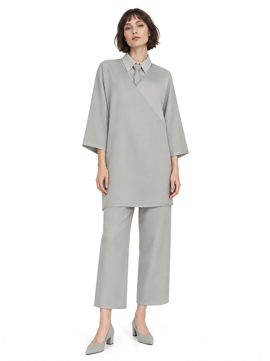 Klara and the Sun Costume Gray Robot Girl V-Neck Tunic Top with Straight Leg Pants and Skirt