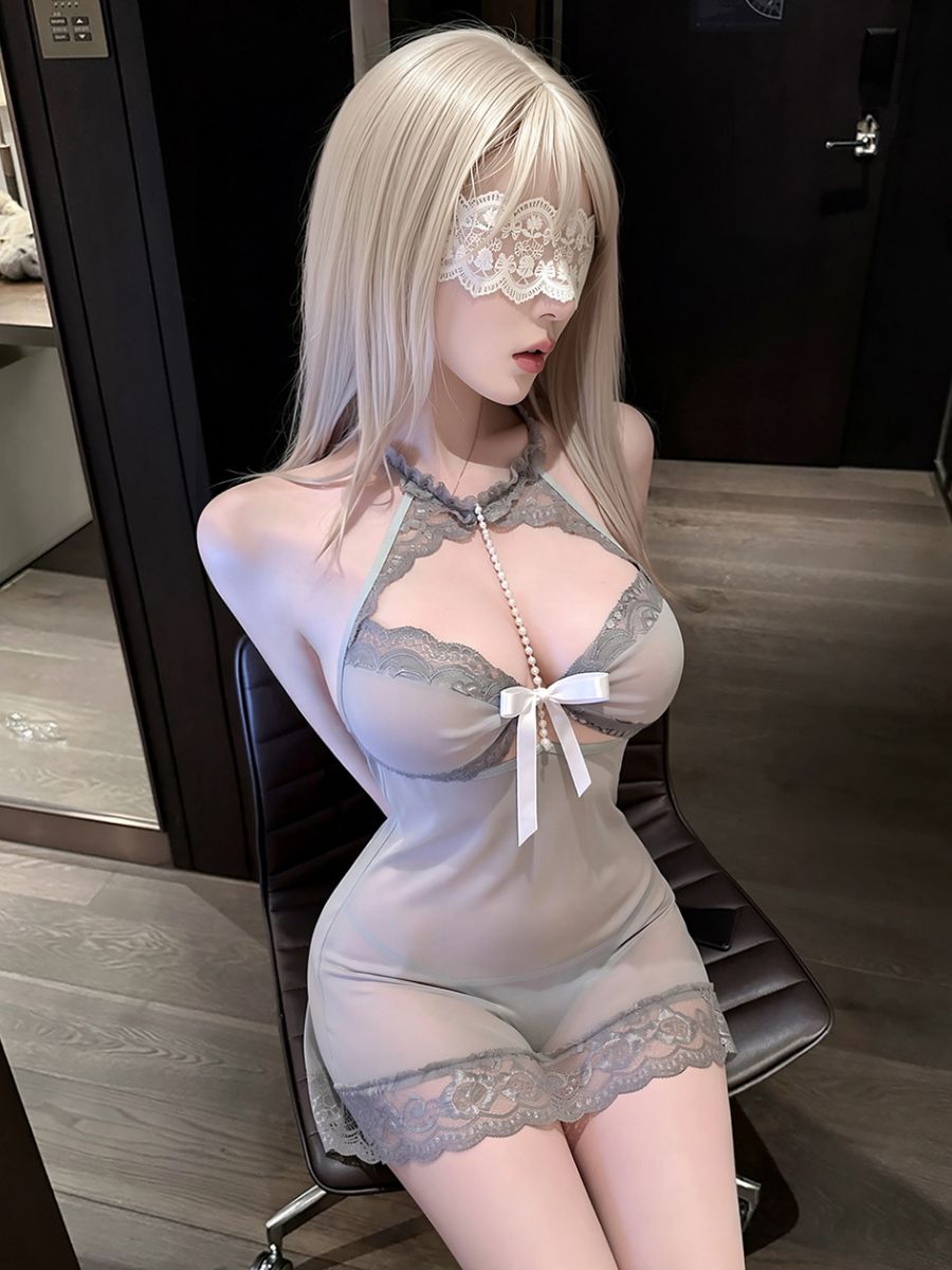 Sheer Mesh Babydoll Set Gray Halter Lace Trim Chemise