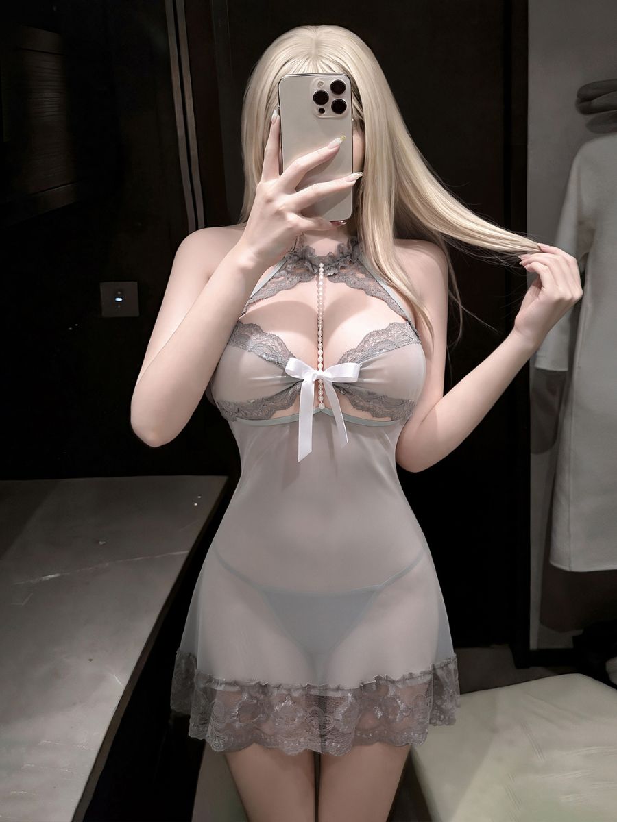 Sheer Mesh Babydoll Set Gray Halter Lace Trim Chemise