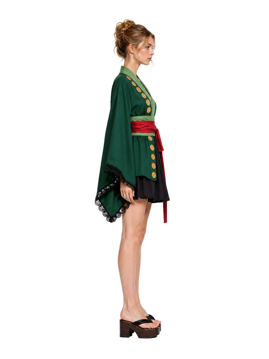 Green Anime Kimono Mini Skirt Set Zoro Cosplay Costume for Women