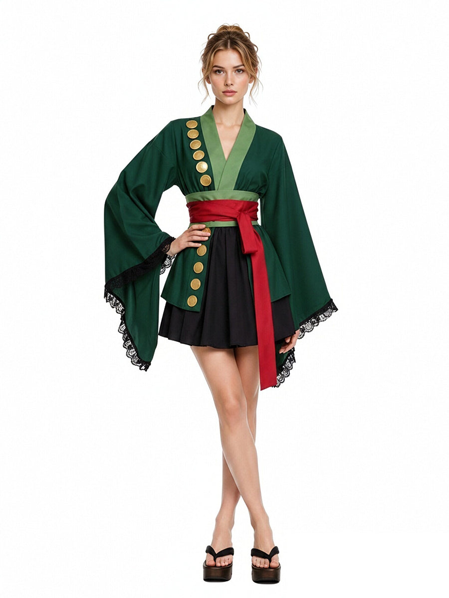 Green Anime Kimono Mini Skirt Set Zoro Cosplay Costume for Women
