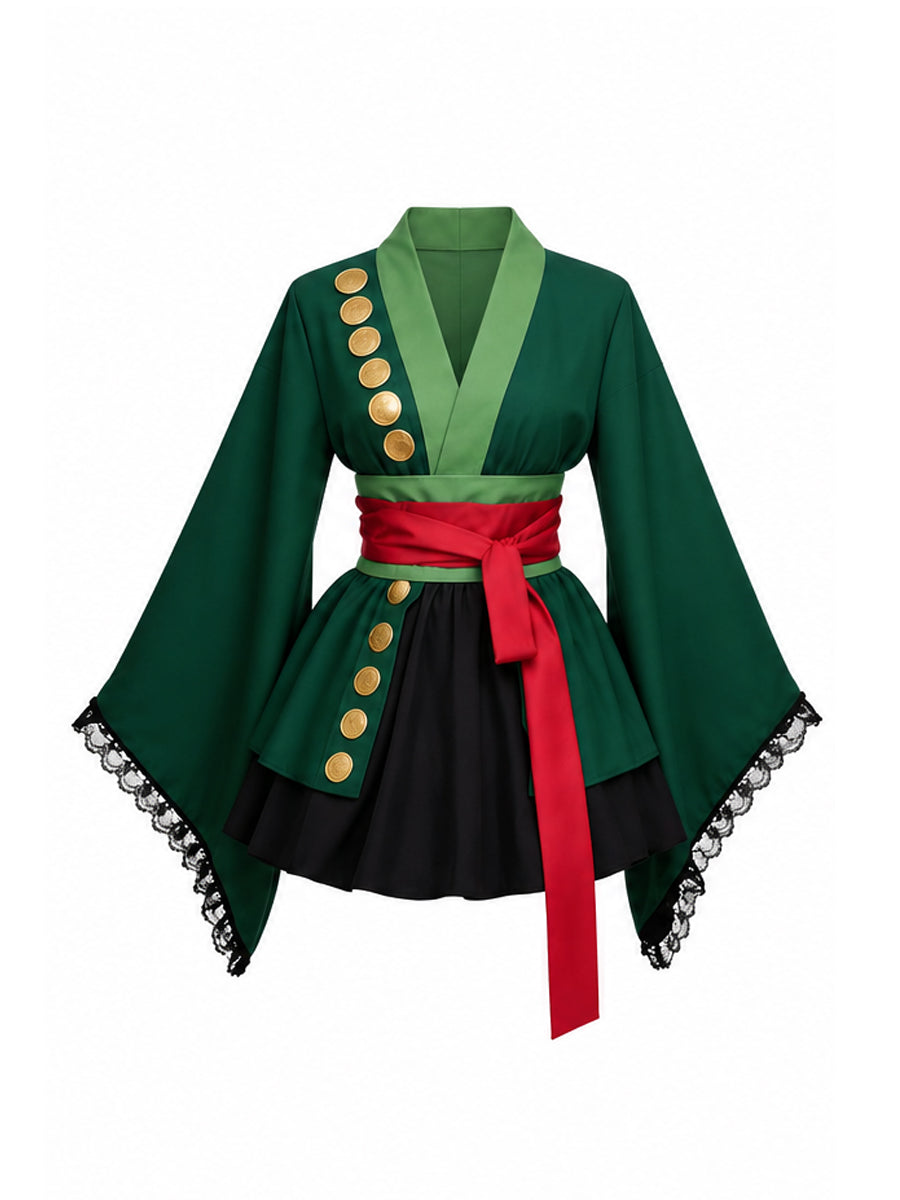 Green Anime Kimono Mini Skirt Set Zoro Cosplay Costume for Women