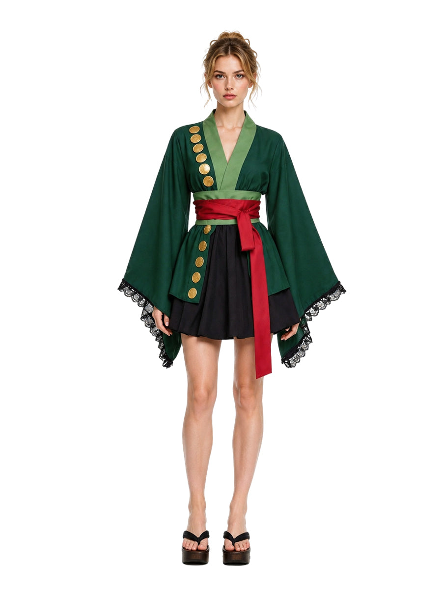 Green Anime Kimono Mini Skirt Set Zoro Cosplay Costume for Women