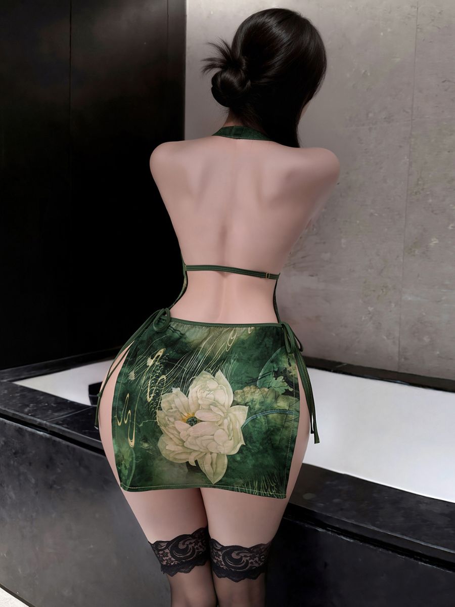 Sexy Green Floral Cheongsam Lingerie Chinese High Slit Backless Qipao Dress 