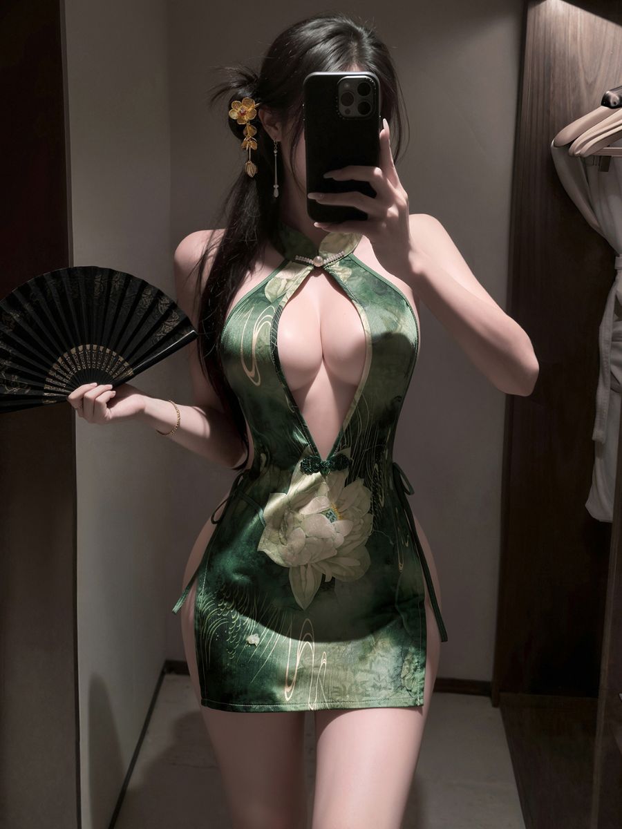 Sexy Green Floral Cheongsam Lingerie Chinese High Slit Backless Qipao Dress 