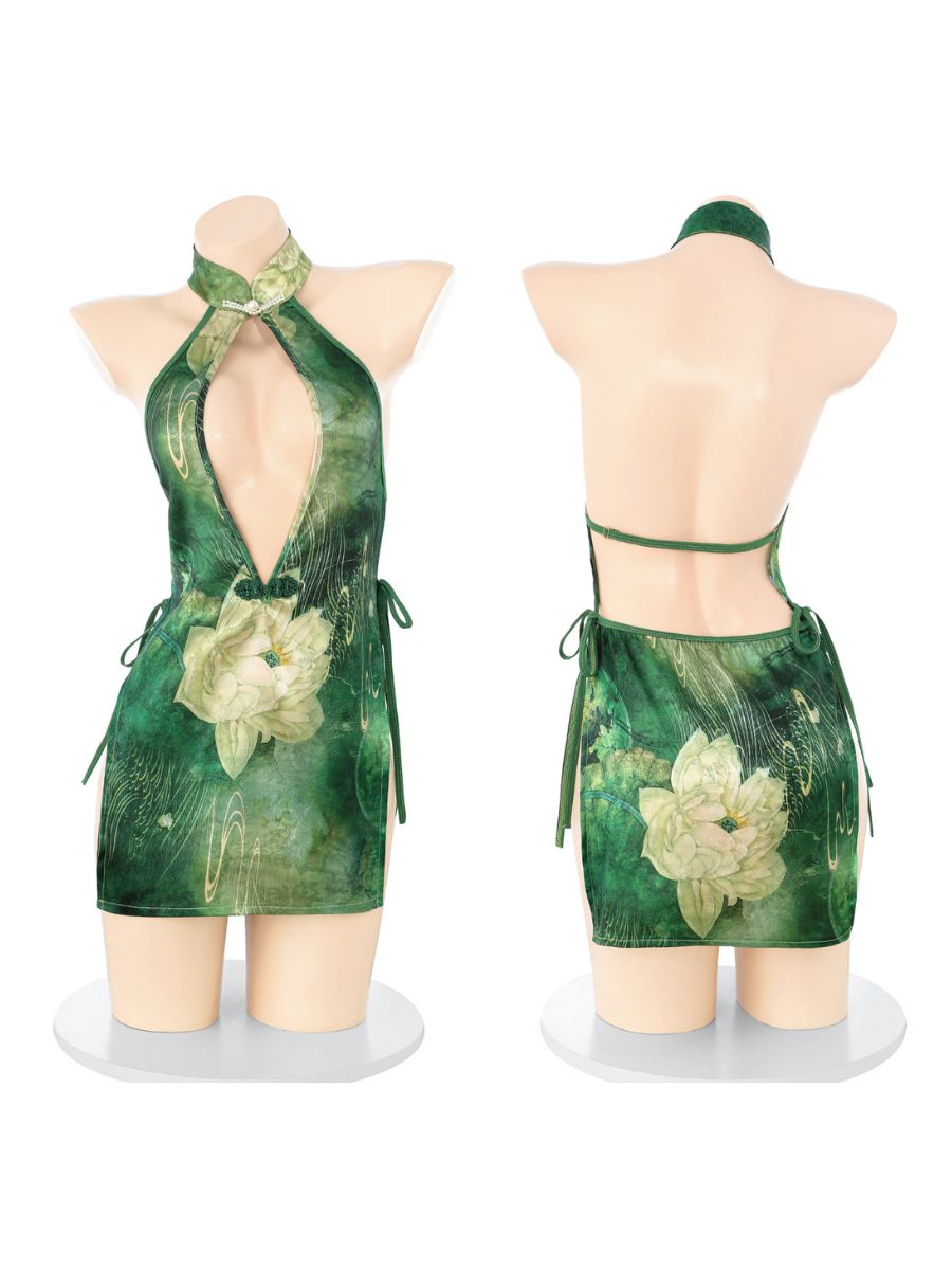 Sexy Green Floral Cheongsam Lingerie Chinese High Slit Backless Qipao Dress 