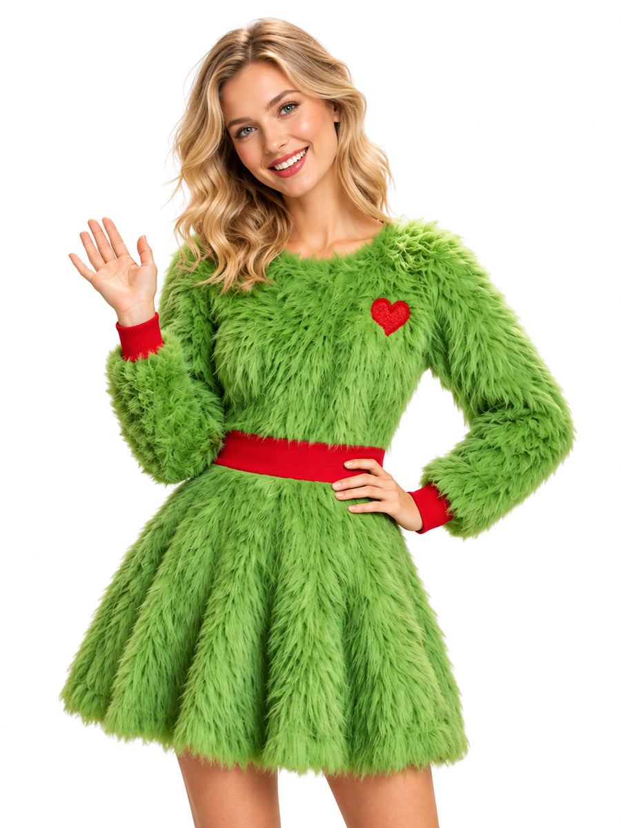 Sexy Grinch Costume Furry Grinch Cosplay Outfit Green Monster Strapless Mini Dress