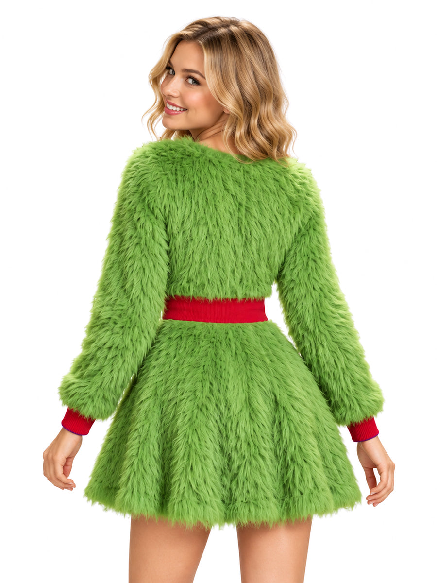 Sexy Grinch Costume Furry Grinch Cosplay Outfit Green Monster Strapless Mini Dress
