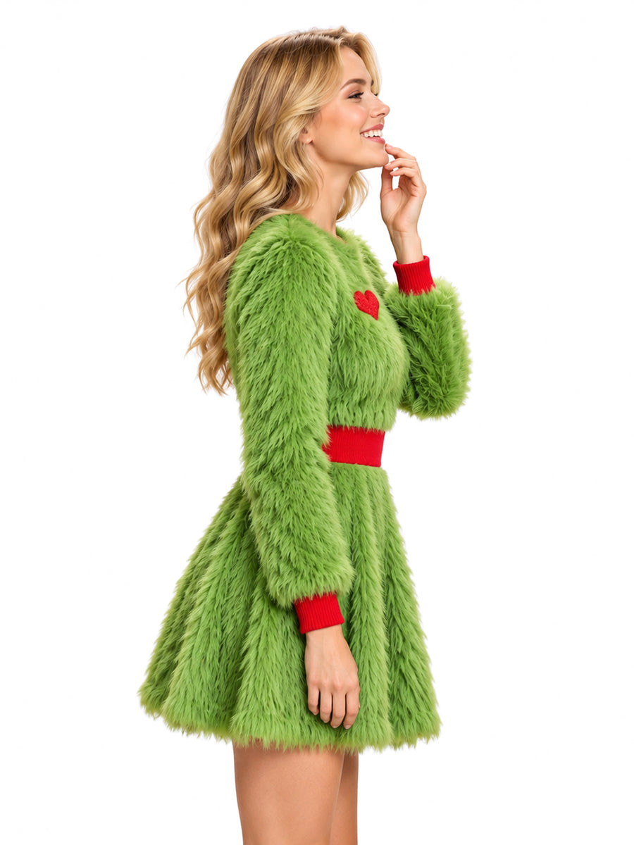 Sexy Grinch Costume Furry Grinch Cosplay Outfit Green Monster Strapless Mini Dress