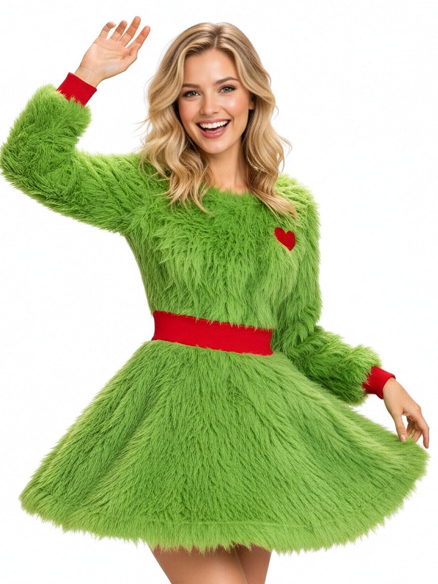 Sexy Grinch Costume Furry Grinch Cosplay Outfit Green Monster Strapless Mini Dress