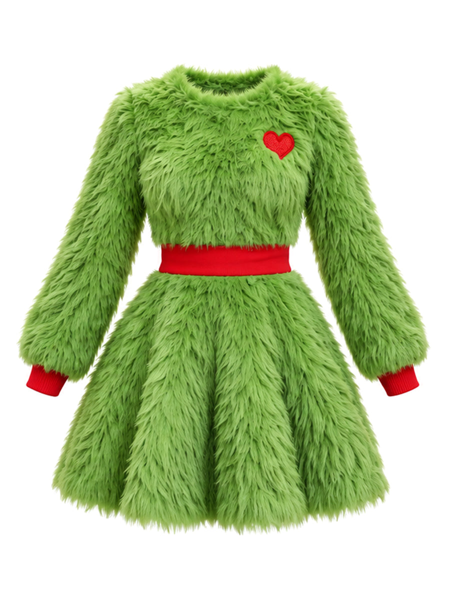 Sexy Grinch Costume Furry Grinch Cosplay Outfit Green Monster Strapless Mini Dress