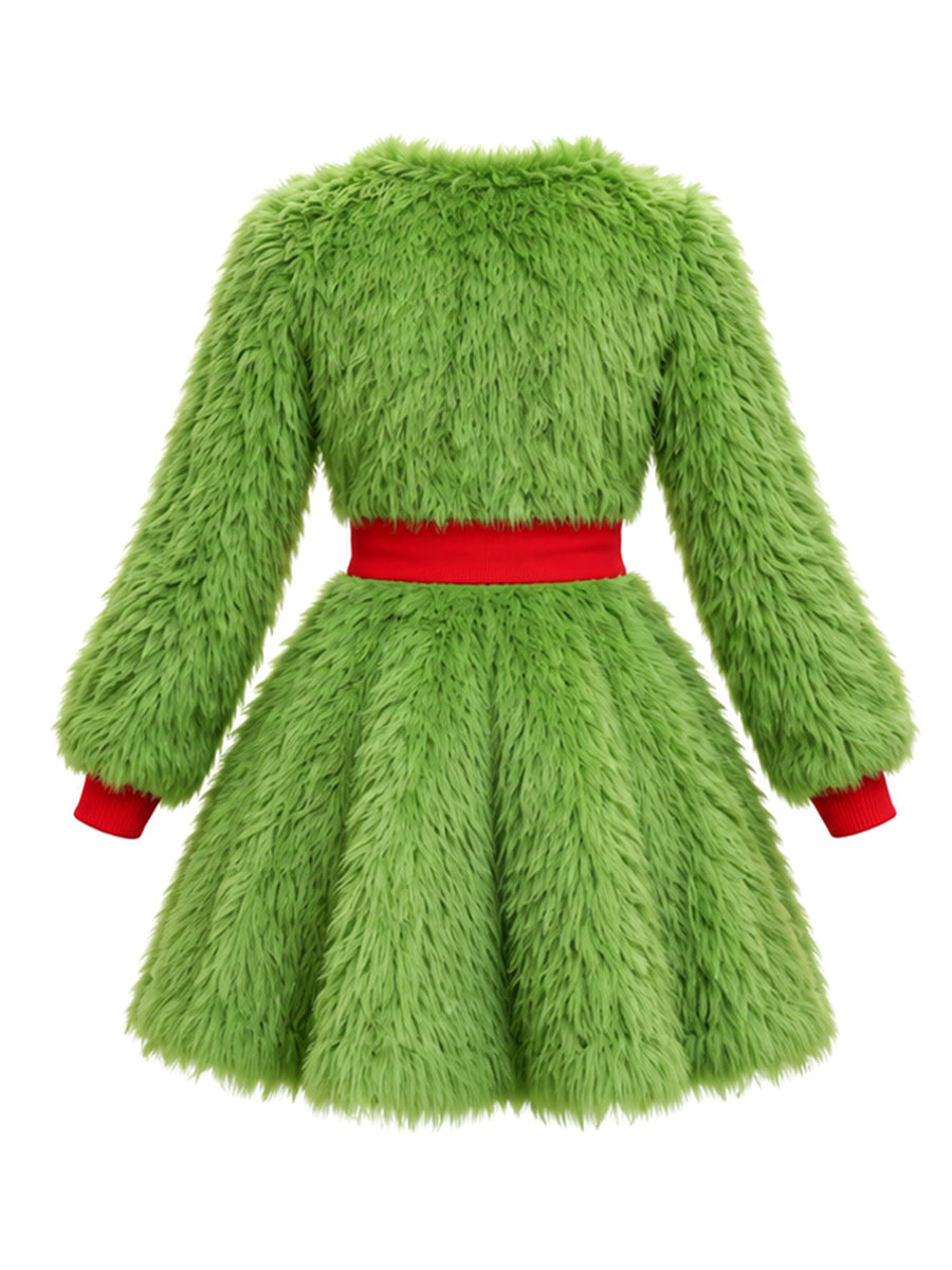 Sexy Grinch Costume Furry Grinch Cosplay Outfit Green Monster Strapless Mini Dress
