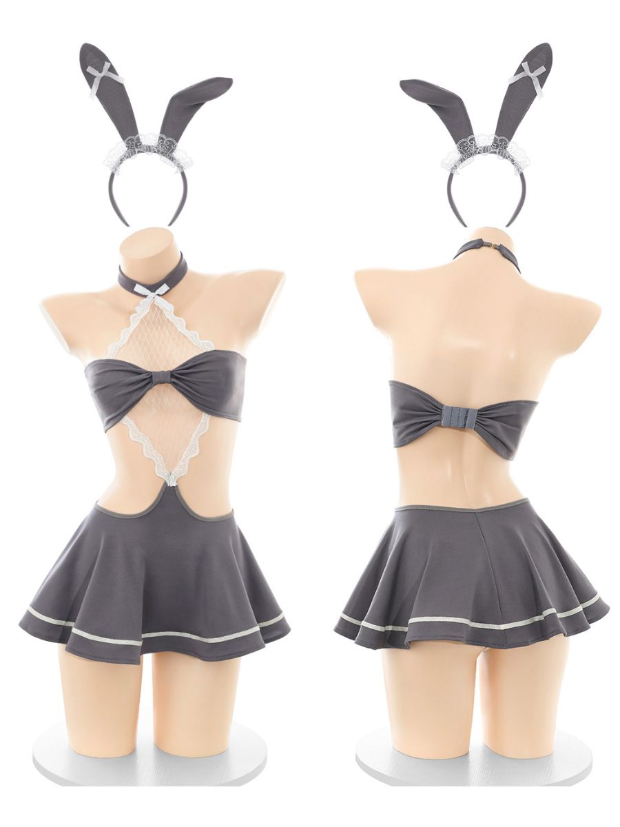 Sexy Grey Bunny Girl Cosplay Lingerie Set Halter Neck Cut Out Dress with Rabbit Ear Headband