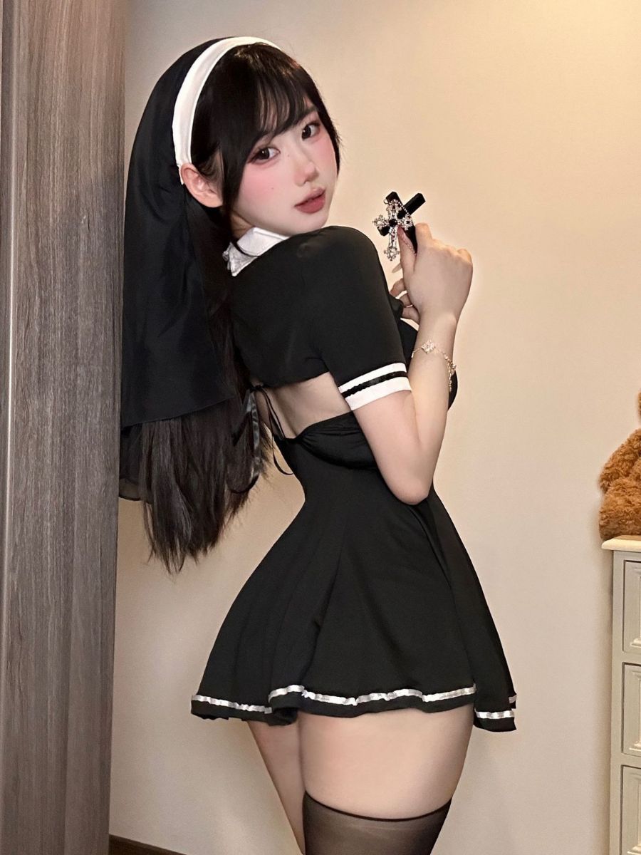 Sexy Nun Outfit Habit Nun Cosplay Costume Black Sister Nun Lingerie Dress
